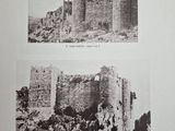 two black and white photos of a castle on top of a table