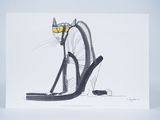 black and white drawing of a cat with yellow eyes sitting on a chair