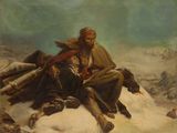 une image représentant un tableau où l'on voit un homme et une femme assis sur une colline enneigée