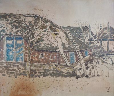 painting of a cow laying down in front of a house with a thatched roof