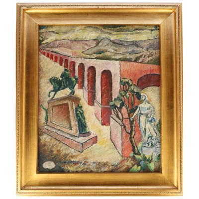 une image représentant un tableau où l'on voit un homme et une femme devant un bâtiment