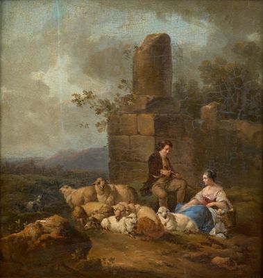 an image of a painting of a man and a woman with sheep