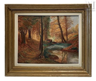 une peinture représentant une rivière au milieu d'un paysage boisé, avec des arbres