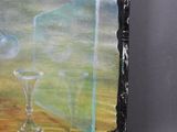 an oil painting of a glass vase and a bottle on a table