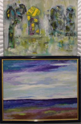 painting of a painting of a beach scene and a painting of a house
