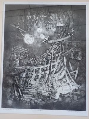 une image représentant un dessin en noir et blanc d'un squelette dans une pièce