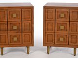pair of mid century style nightstands with brass pulls and drawers