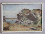 an oil painting of a rocky cliff with a body of water in the background