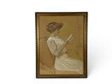 painting of a woman reading a book on a couch