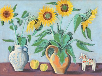 un tableau représentant des tournesols et des pommes dans un vase