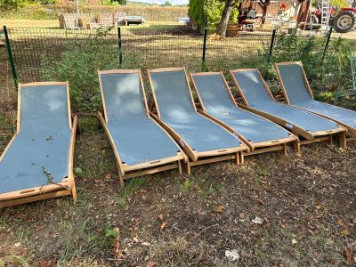 six chaises longues dans l'herbe, devant une clôture