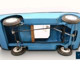 a blue toy car with wheels on a white surface