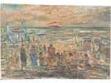 une peinture de personnes sur la plage avec des parasols