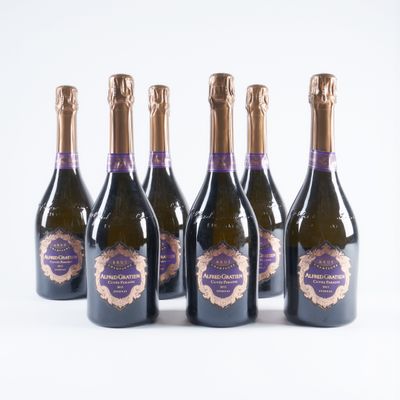 six bouteilles de champagne alignées sur une surface blanche