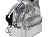 a silver backpack with a bow on the front
