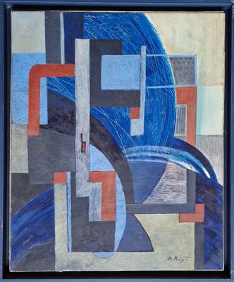 abstract painting of blue, red, and grey shapes with a black frame