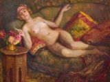 un tableau représentant une femme nue allongée sur un canapé