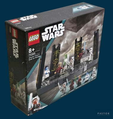 une boîte contenant des sets Lego Star Wars sur fond bleu