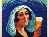une vieille affiche représentant une femme tenant un verre de bière