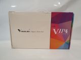 a white box with a purple and red logo on it