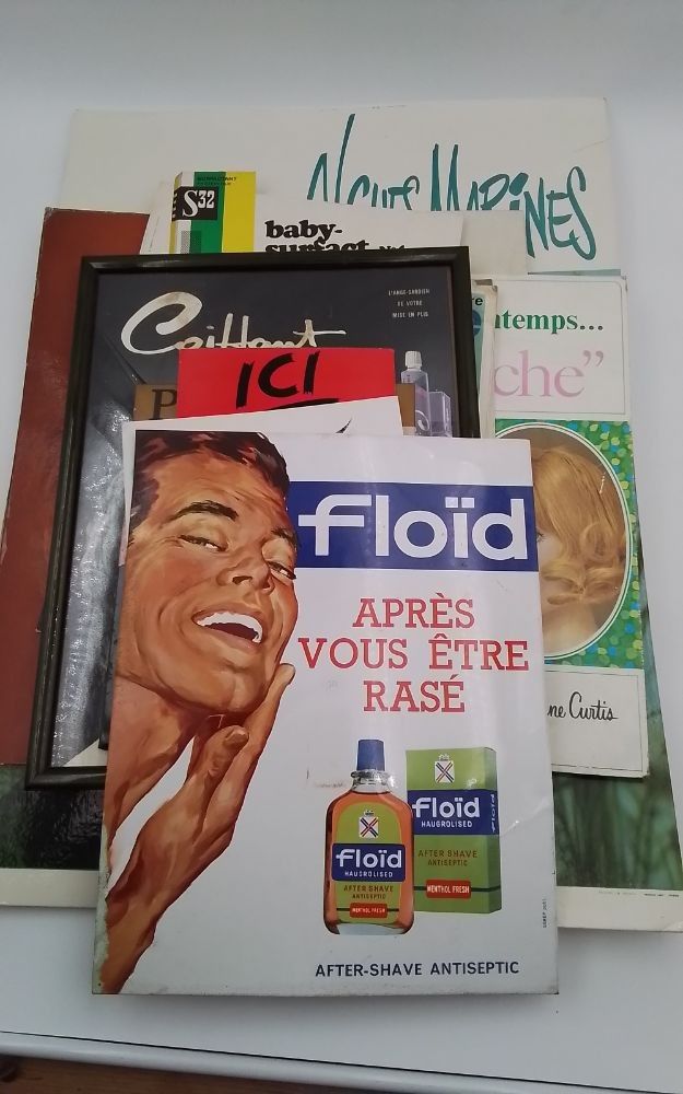 Un lot de divers publicités pour produits de coiffures et cosmétiques. Années 60 et début 70 Dont une plaque en métal...