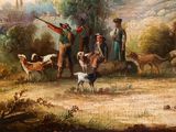 a painting of a group of people and animals in a field