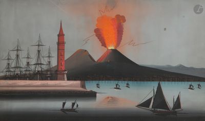 une photo d'un tableau représentant un volcan sur l'eau