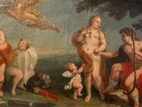 un tableau représentant un groupe de personnes et d'animaux dans un champ