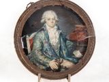 tableau représentant un homme assis sur une chaise, avec une lampe posée sur une table