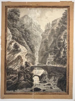 une vieille photo représentant un tableau d'un pont enjambant une rivière