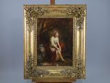 une peinture à l'huile représentant une femme assise sur une chaise à côté d'un chien