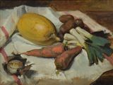 a painting of carrots, potatoes, and a lemon on a table
