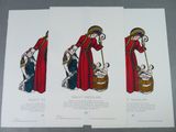 trois illustrations différentes représentant une femme vêtue d'une robe rouge et un homme vêtu d'une robe rouge