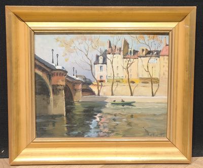 une peinture à l'huile représentant un pont sur une rivière avec des bâtiments à l'arrière-plan