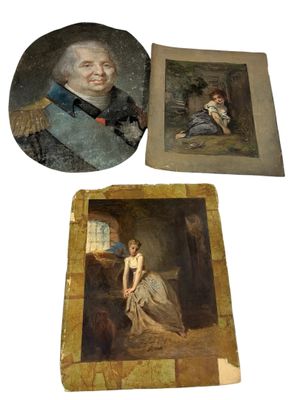 two paintings of a man and a woman sitting on a couch