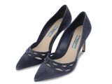 a close up of a pair of blue shoes on a white background