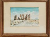 a painting of an old castle in the middle of a desert