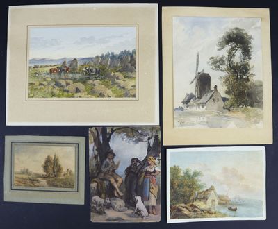 quatre aquarelles représentant des scènes rurales, notamment un moulin à vent, une église et une rivière