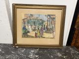 une image représentant un tableau représentant une scène de rue avec des personnes et un chien
