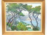 an oil painting of trees and water in a gold frame