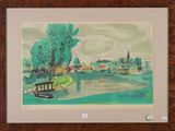 aquarelle encadrée représentant un bateau sur une rivière, avec un village en arrière-plan