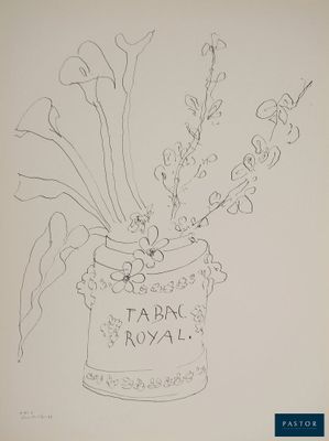 un dessin représentant un vase contenant des fleurs