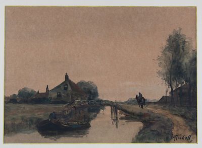 tableau représentant un homme à cheval sur un sentier longeant une rivière