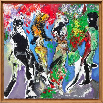 an abstract painting of a group of people walking down a street