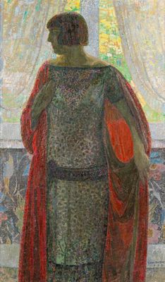 une image d'un tableau représentant une femme debout devant une fenêtre