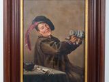painting of a man holding a beer glass in his right hand