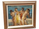 painting of a group of nudes on a beach in a gold frame