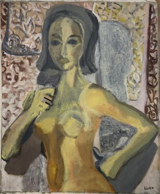 une peinture à l'huile représentant une femme en robe jaune debout devant un miroir