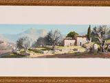 painting of a landscape with a house and trees in the foreground