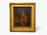 an old painting of a woman and a man in a kitchen